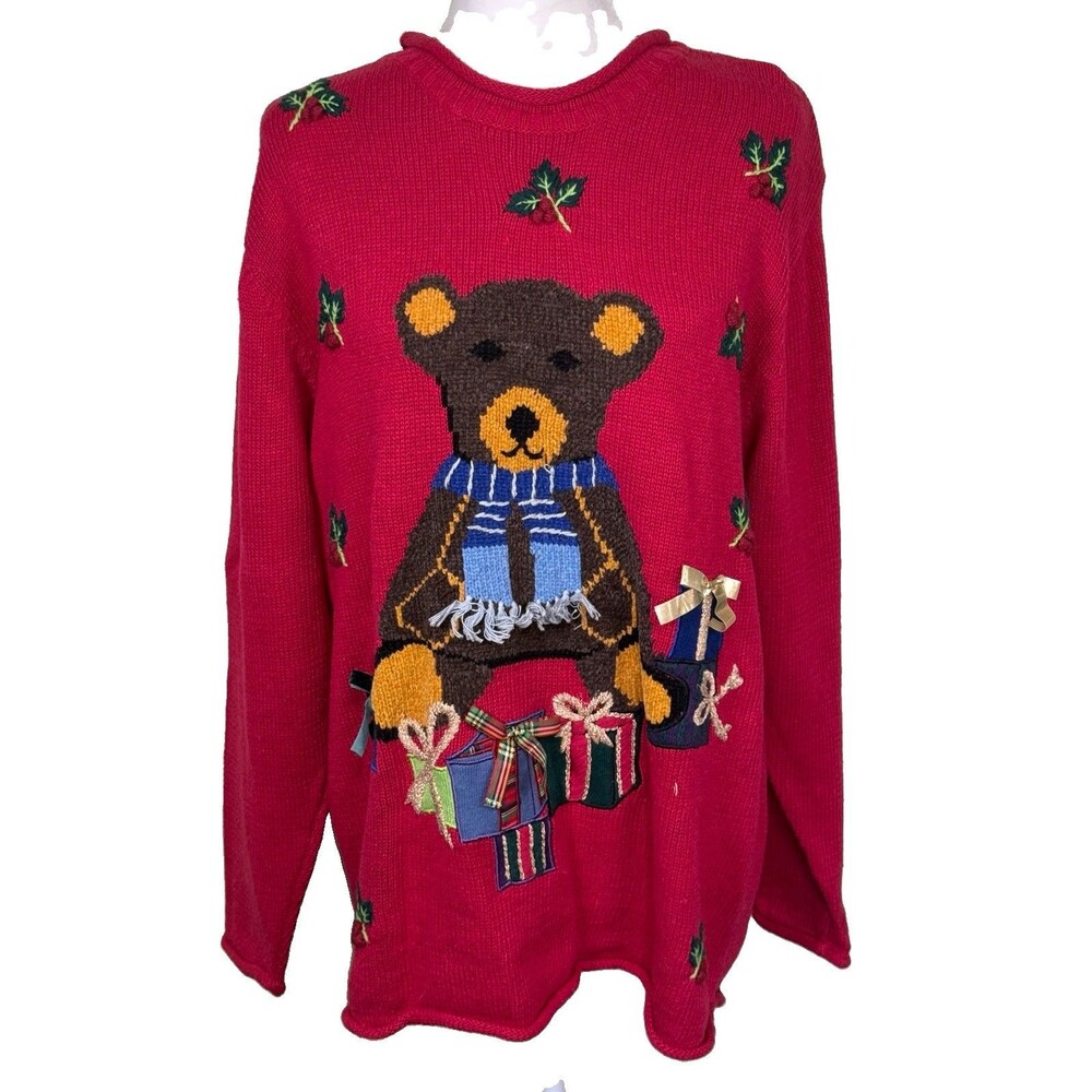 Women’s Red Teddy Bear Ugly Christmas Sweater Holiday Present Size XL